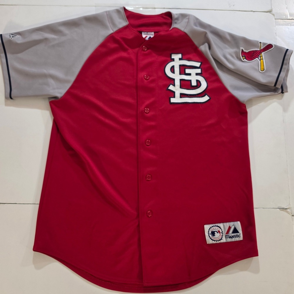Majestic St Louis Cardinals MLB Jersey Red Grey Raglan Embroidered Large